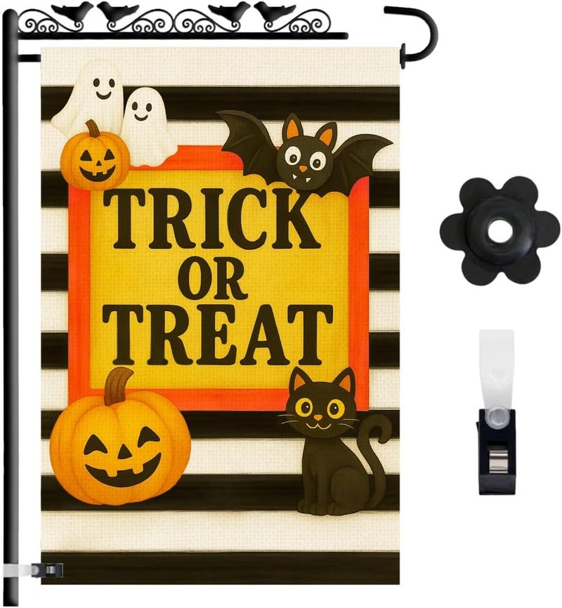 KarvePro Halloween Garden Flag 12x18 Double Sided – Trick or Treat Yard Flag with Pumpkins, Ghosts, Bat, Cat – Fall Outdoor Burlap Halloween Flag for Garden or Lawn - Image 1